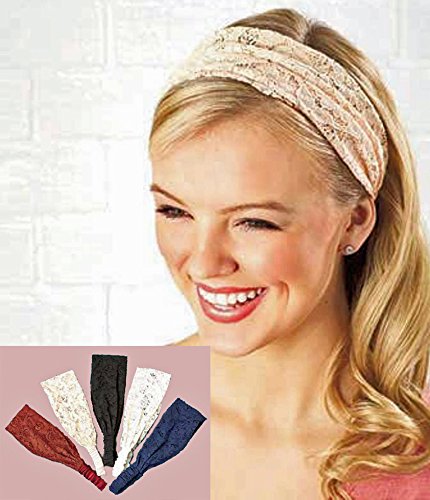 Set of 5 Classy Lace Hair Wrap Headbands Black, Blue, Biege, White & Maroon. by LTD