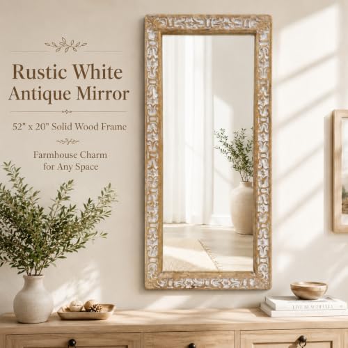 Image of Rustic Solid Wood Wall Mirror, Bathroom Vanity Mirror, Farmhouse Decorative Mirror for Home, Vertical & Horizontal Hanging, Wood Finish 52x20x1.25 inch White Antique