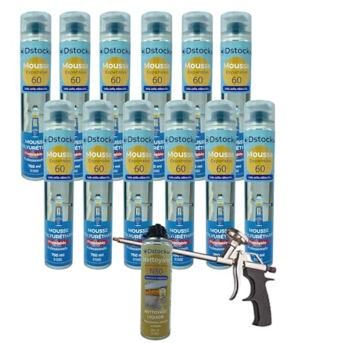 DSTOCK60 - Lot de 12 mousses expansives pistolables 750 ml + 1 Nettoyant Mousse + 1 pistolet - Mousse polyuréthane professionnelle - Isole, colle et rebouche...