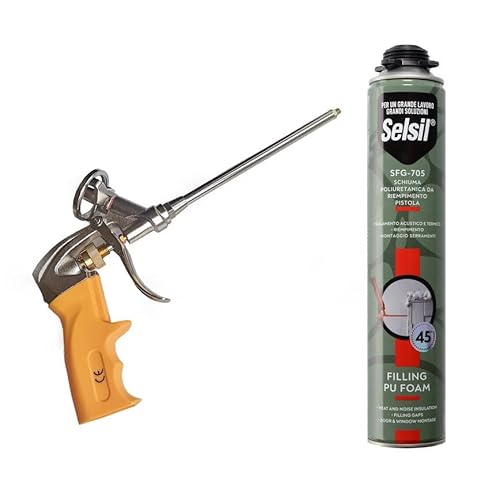 Kit Pistola per Schiuma Poliuretanica Modello Professionale in Acciaio con Otturatore in Ottone Applicatore Preciso e Resistente e Bomboletta di Schiuma Poliuretanica