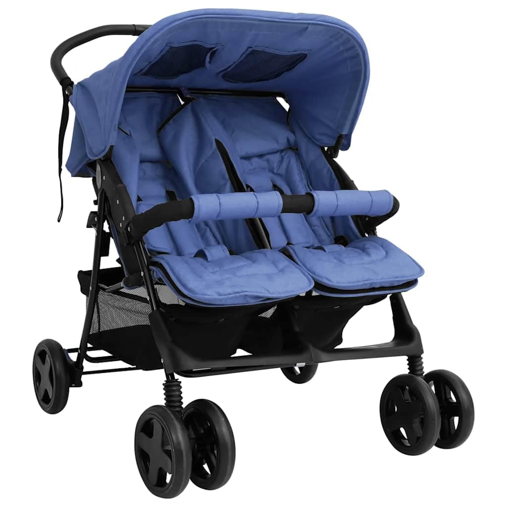 Poussette Double, Poussette Deux Places pour Jumeaux Pliable Bleu marine Acier