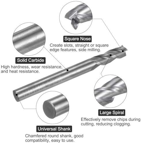 Image of uxcell Carbide Square End Mill, 1 /4 inch Diameter Uncoated 3 Flutes Milling Bit Cutter, for Aluminum Copper Non-Ferrous Metal, 1 /4 inch Shank 7 /8 inch Cut Length 2-1 /2 inch Long