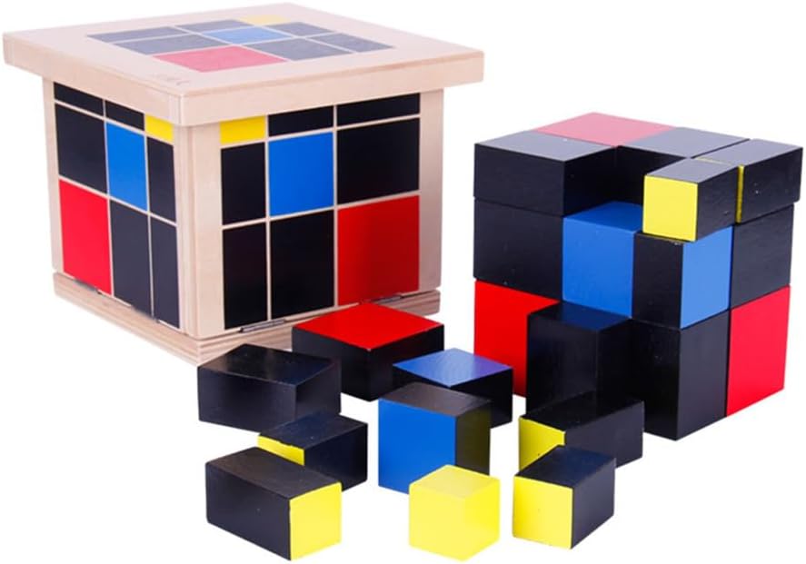 Montessori Trinomial Cube, Wooden Sensory Puzzle for Toddlers, Color & Shape Recognition Toy