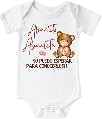 Hola Abuelita And Abuelito Grandma And Grandpa Baby Announcement Onesie In Spanish, Cute Pregnancy Announcement Gifts For Grandparents, Surprise Baby Reveal Ideas Abuelitos To Be.