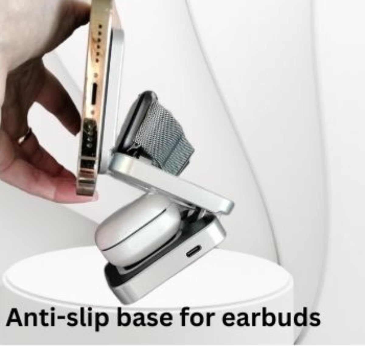 Wireless 3 in 1 Magnetic Charging Station, Portable, Foldable, Fast Charge, Travel | Black and Silver Mobile Phone Holder | with Extra Magnetic Ring | New Anti-Slip Earbud Base Charger