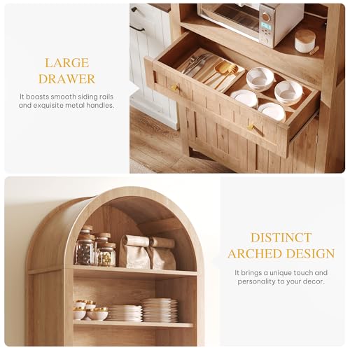 DWVO 73" Arched Kitchen Pantry Cabinet with Charging Station, Farmhouse Kitchen Storage Cupboard with Shelves, Drawer & Door Racks for Dining & Living Room, Wood