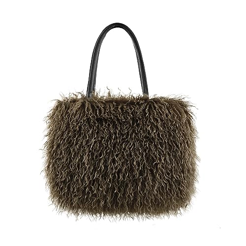 Image of Women's Fuzzy Tote Bag Curly Handbag Furry Shoulder Bag Large Plush Top Handle Purses Winter