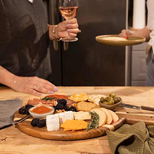 Image of Acacia Wood Cutting Board and Chopping Board with Handle for Meat, Cheese Board, Vegetables, Bread, and Charcuterie - Decorative Wooden Serving Board for Kitchen and Dining Room, Large 13 inch x 13 inch