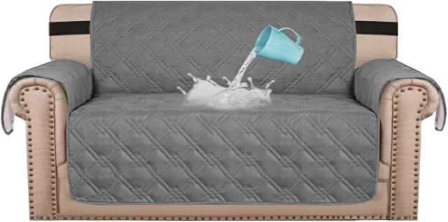 BellaHills 100% Waterproof Loveseat Covers Couch Covers for Dogs/Pets Loveseat Sofa Slipcover for 2 Seater Leather Couch with Non Slip Backing and Adjustable Strap (Loveseat 54", Grey)