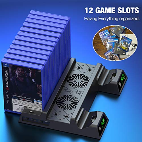 PS4 Cooling Fan Vertical Stand Cooling for PS4 Slim/ PS4 Pro/ Regular PlayStation4, PS4 Controller Charger Station for Dual Charging, PS4 Accesossries with Game Storage for Playstation Consoles