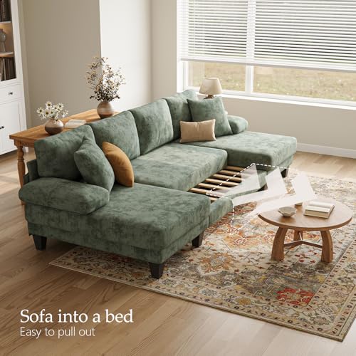 Image of Txtin's Sleeper Sofa with Pull Out Couch Bed | 112 Inch Couches for Living Room | U-Shaped Convertible Sofa Bed | Chenille Green