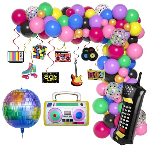 Amandir 80s 90s Party Decorations, 114Pcs Balloon Arch Kit 80's 90's Hanging Swirls Inflatable Disco Ball Radio Boom Box Retro Mobile Phone Balloons for Back to 80s 90s Hip Hop Birthday Supplies