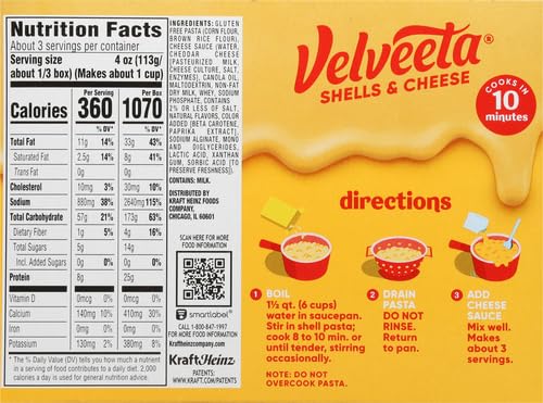 Image of Velveeta Gluten Free Shells and Cheese, Brown Rice and Corn Pasta, 1 Box, for Easy Dinner or Dinner Sides, Original Flavor, Made with Real Cheese, 12 oz (Pack of 12)