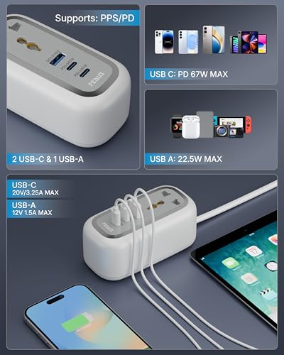 Image of FEDUS 67W GaN Travel Power Adapter Strip Compact Extension Board with USB Ports 4ft Long Retractable Cable Cord, 2 Type C, 1 USB Ports, 2 International Power Sockets, 2500W for Laptop, Home Appliances