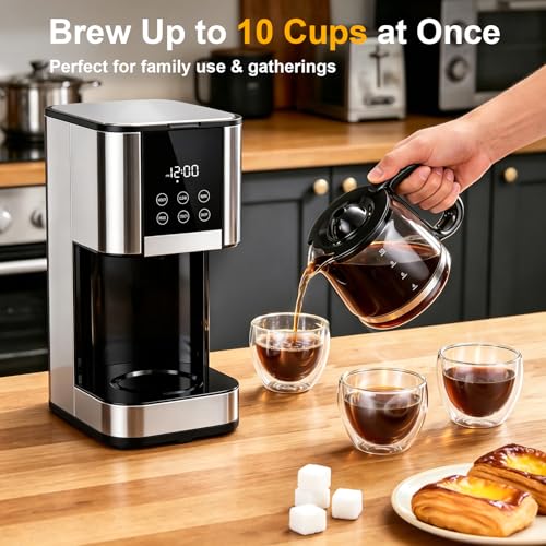 Image of 10 Cup Programmable Drip Coffee Maker, Adjustable Brew Strength, Pause & Serve, Heat Resistant Glass Carafe, Permanent Filter, Auto Shut Off, Stainless Steel, Compact Coffee Machine for Home Office