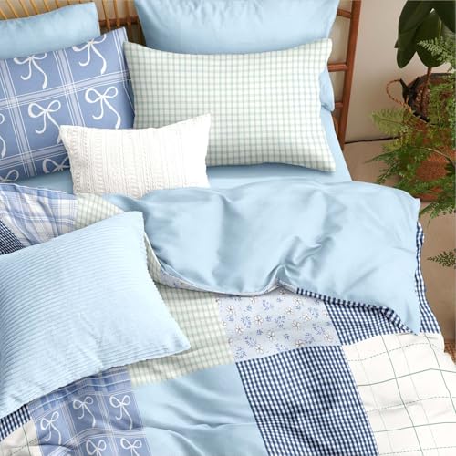 Image of Nayoroom Plaid Duvet Cover Queen Size Reversible Blue Patchwork Checkered Duvet Cover Dorm Bedding Set 3 Pieces Soft Lightweight Washed Microfiber Farmhouse Bedding Set Gifts for Women Men