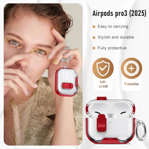 Image of Compatible Airpods Pro 3 Case (2025) with Phone Stand & Cleaner Kit,Print Soft Silicone Lock Clip Apple AirPods Pro 3rd Generation Case, Airpod Pro 3 Cover with Keychain for Women /Girls,Red