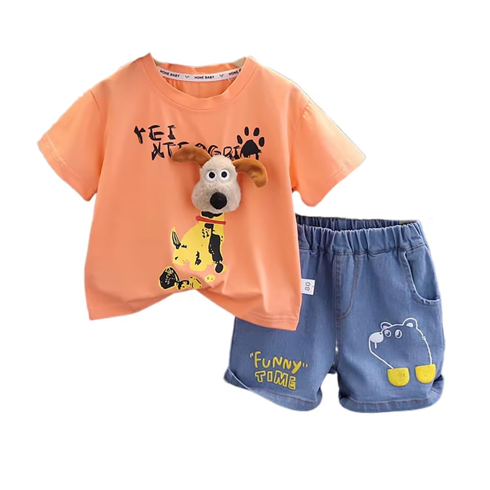 bold n elegant Baby Boys Cotton Printed T-Shirt And Denim Shorts Set With 3D Cute Puppy Plush Toy Party Dress-picture-39