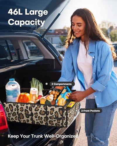 Image of HOTOR Trunk Organizer - Foldable Car Organizer for SUVs & Sedans Storage | Sturdy Car Organization for Men & Women, Car Accessories, Tools, Sundries, Leopard, 2 Compartments, 21.3 inch x 12.6 inch x 10.6 inch