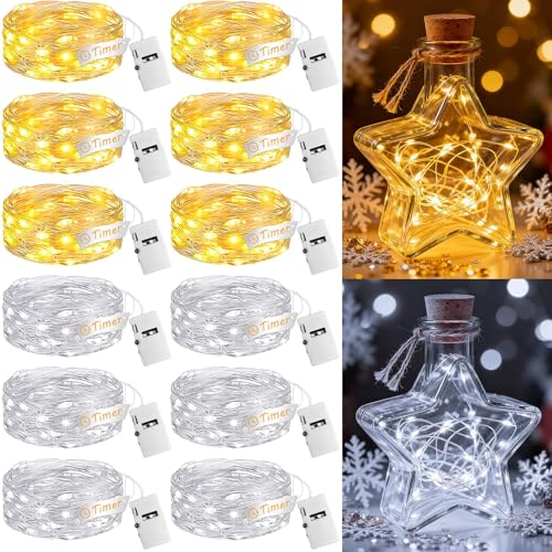 Image of 12Pack Fairy Lights with Timer, 7ft 20 LED Twinkle Light Battery Operated 3 Modes, Mini String Lights for Christmas Trees Wreath Party DIY Mason Jars Bottles Decor,Warm White & Cold White