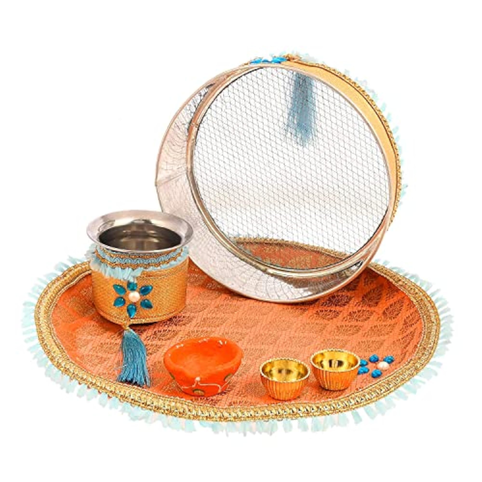 Karwa Chauth Puja Thali Set with Chalni, Kalash & Diya, Orange