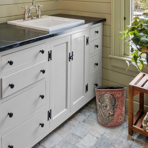 Image of BestGiftEver Faux Tooled Leather Trash Bin with Bison Bust Accent - Southwest Decorative Resin Wastebasket - Ideal for Ranch Farmhouse Enthusiasts