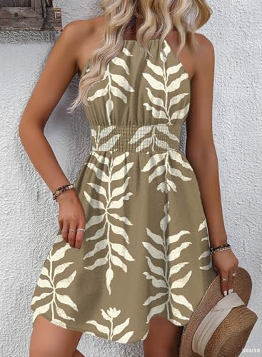 Image of BLENCOT Womens Summer Beach Halter Neck Dresses Casual Smocked A Line Floral Mini Dress with Pockets