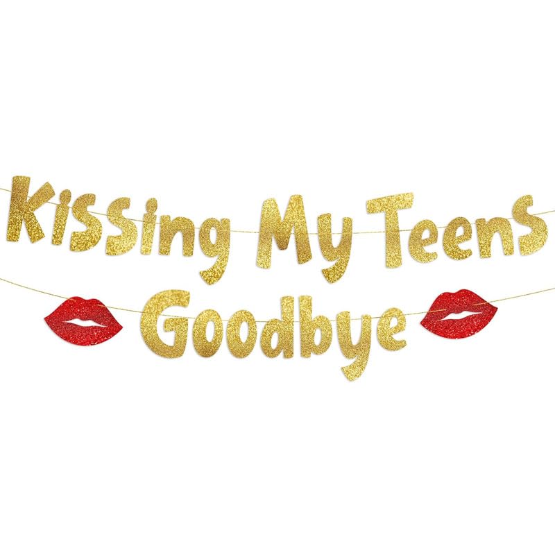 20th Birthday Decorations Gold Glitter Banner - 'Kissing My Teens Goodbye' Theme Pre-Assembled Hanging Decor for Coming of Age Party Supplies