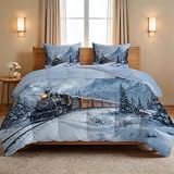 Winter Zug Bettdecke 155 x 220 4 Jahreszeiten, Wende Steppdecke 155 x 220 Warme Ganzjahresdecke Wald Berge Bettdecke ohne Bezug Waschbar mit 2 Kissenbezug 80x80cm für Sommer Winter