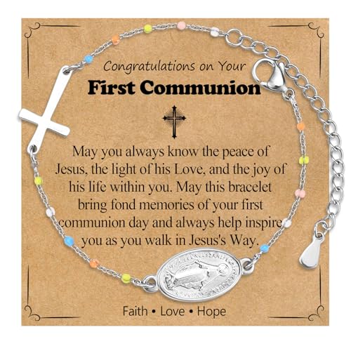 Image of Cross Beaded Bracelet for Girls - First Communion Gifts Catholic Religious Christian Jewelry 1st Holy Communion Decorations for Goddaughter
