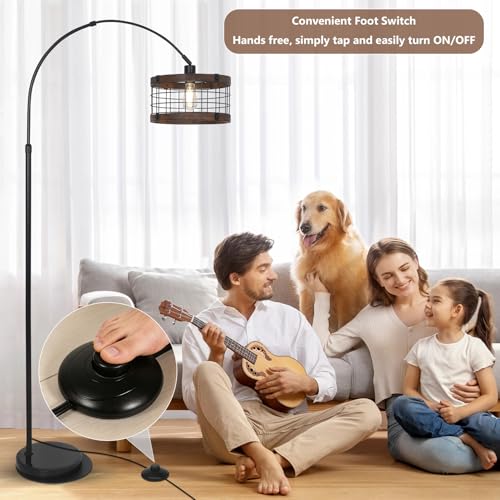 Image of Arc Floor Lamps for Living Room with Remote and Dimmable LED Bulb, Vintage Wood Floor Lamp for Bedroom, Farmhouse Standing Lamp for Corner, Industrial Black Tall Lamp, Over Couch Arched Reading Light