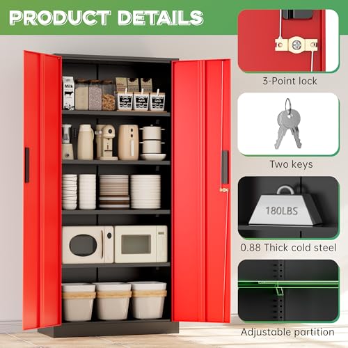 Image of INTERGREAT Metal Storage Cabinet,72 inch Steel Lockable File Cabinet with Locking Doors and Adjustable Shelves,Locking Tool Cabinets for Office,Home,Garage,Gym,School (Black Red)
