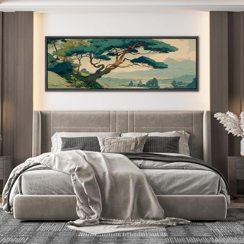 Image of MUDECOR Large Framed Canvas Print Wall Art Vintage Japanese Pine Tree Landscape Oriental Antique Retro Ready to Hang Painting for Living Room Bedroom Multi-Sizes - 60 inchx20 inch