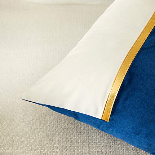 Image of Fancy Homi 2 Packs Decorative Throw Pillow Covers 18x18 Inch for Living Room Couch Bed, Navy Blue and White Velvet Patchwork with Gold Leather, Luxury Modern Home Decor, Accent Cushion Case 45x45 cm