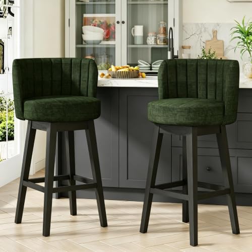Image of COCO DESIGN 30 inch Green Swivel Bar Height Stools Set of 4 with Wood Legs | Mid Century Modern Style, Smooth Swivel Design, Chenille Upholstered Seat, Sturdy Solid Wood Legs, Bar Height For Island