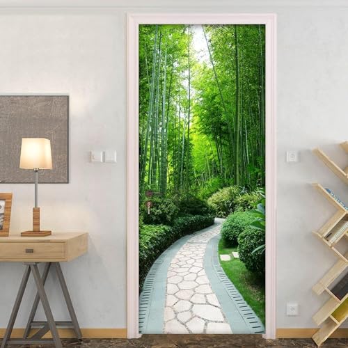 Etiqueta Engomada De La Puerta 3D Cartel Autoadhesivo Papel Pintado Mural Adhesivo Artístico De Pared Foto Paisaje Del Camino Del Bosque De Bambú 77 X 200 Cm Para Sala De Estar, Dormit-54428421919513