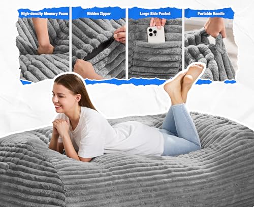 Image of Hobestluk 5FT Bean Bag Chairs Adult Bean Bag with Portable Handle Comfy Large Bean Bag Lounge Chair with Removable Cover for Living Room Bedroom (Stripe Grey, 5FT)