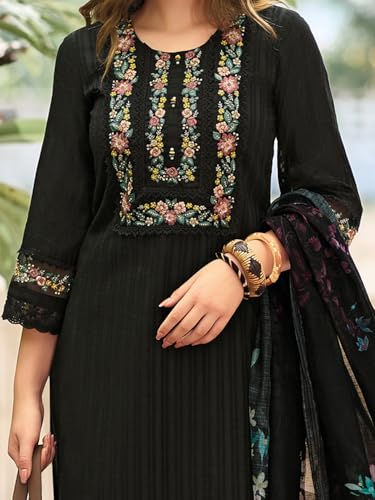 Image of INDO ERA Women's Straight Linen Floral Embroidered Kurta Pant with Dupatta Set (IEOUT9910)