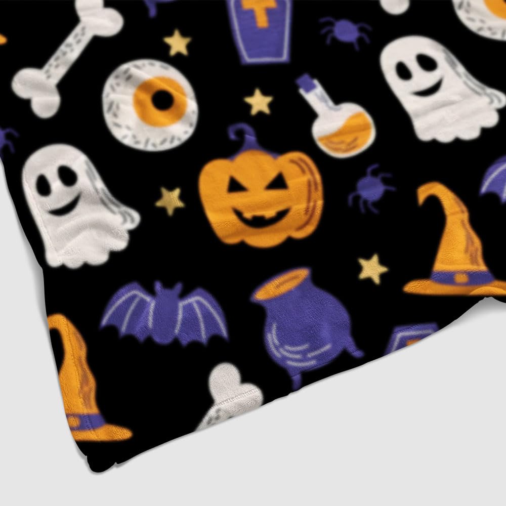 Halloween Throw Blanket for Couch and Bed Spider Webs Witch's Hat Black Bats and Decorated Pumpkins Print on Soft Blanket for Kids and Adult