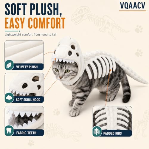 Pet Dinosaur Costume Soft Plush 3D Skeleton Design with Dino Head Cover and Back Skeleton Realistic Funny Halloween Hood Outfits Dress Cat Dog Medium Large Pet Party Cosplay Outfit (35.4 in,Gray) - 1