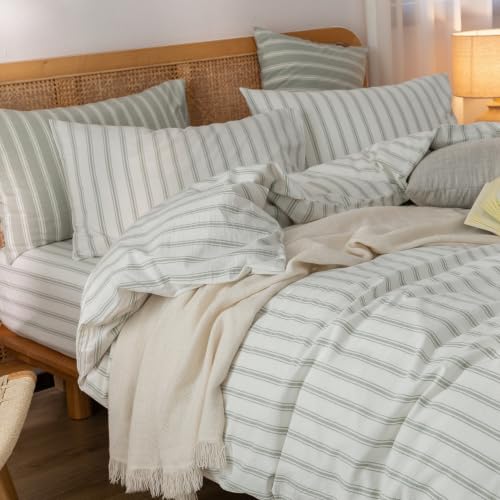 Image of BESTOUCH Striped Cotton Duvet Cover Set Linen Feel Queen | 100% Washed Cotton, Soft Wrinkle Texture, Hidden Zipper, 8 Ties, Breathable Lightweight Durable Comfy, 3 Pcs No Insert