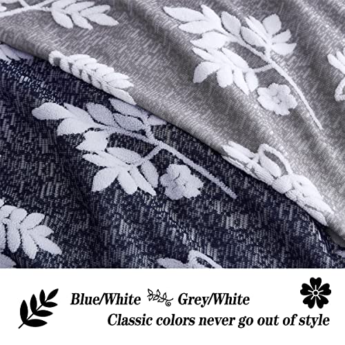 Blue White Semi Sheer Leaf Curtains For Bedroom Farmhouse Linen Texture Botanical Leaf Jacquard Window Curtain Panels Light Filtering Floral Pattern Drapes For Living Room, Rod Pocket, 40"X63", 2Pcs #TOP5