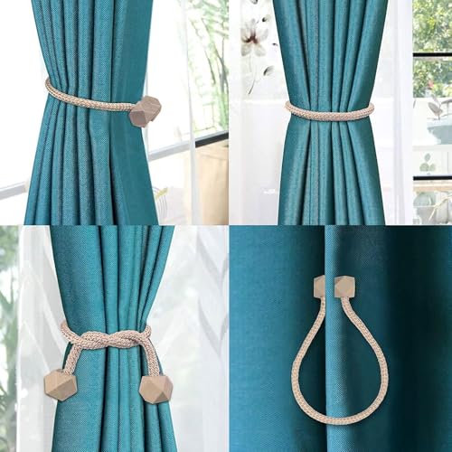 Image of INOVERA (LABEL) 2 Pieces Magnetic Windows Curtain Tiebacks -Decorative Curtains Holders Rope Holdbacks - Drapery Binding Tie Backs for Home, Office (Beige)