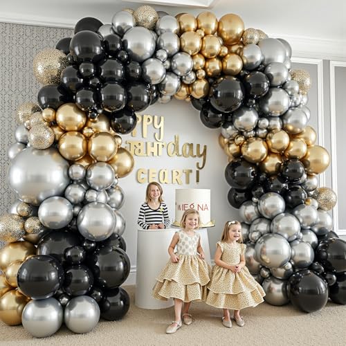 Image of 412Pcs Black Gold Silver Balloons Garland Arch Kit,18 12 10 5 Inch Different Size Latex Balloons for Graduation Birthday Wedding Party Decorations