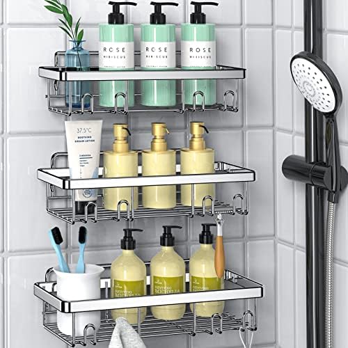 Cusbus Shower Caddy, 3 Pack Shower Organizer, Adhesive No Drilling Traceless Shower Shelves, Rustproof SUS304 Stainless Steel Bathroom Shower Shelf for Inside Shower & Kitchen Storage (Matte Silver)