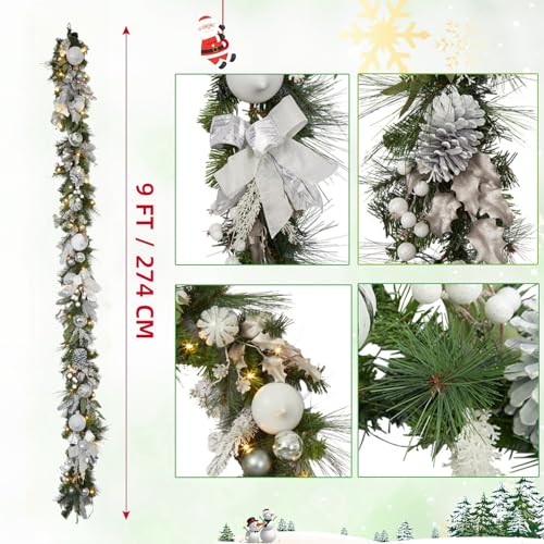 GarveeHome Prelit Christmas Garland for Mantle, 9 Ft Battery Operated Xmas Garland with Lights Silver White Ball Ornaments Pine Cones for Fireplace Front Door Stairs Railing Indoor Outdoor Decor
