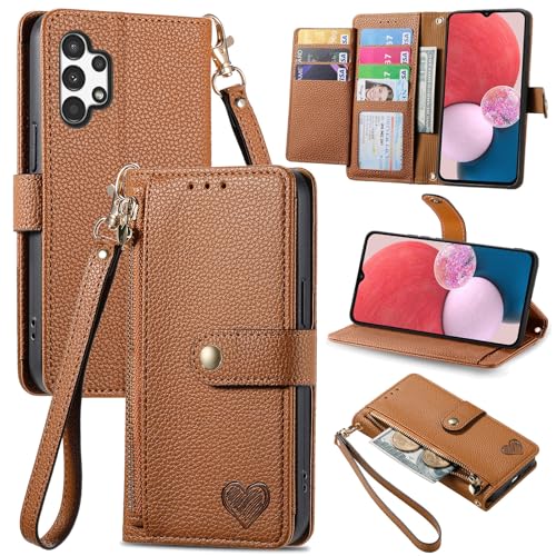 VEEMOS Zipper Wallet Case for Samsung Galaxy A13 4G / A13 5G / A04s Phone Case with Purse Card Holders RFID Blocking Leather Flip Case Book Cover Wrist Strap Women - Brown