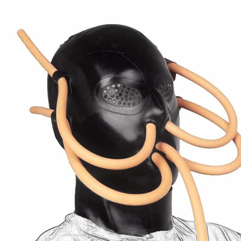 Latex Maske BDSM Maske Mund Knebel Ball Gag Vollmaske Mit Nasen Und Mundschlauch Abdeckung Gummi Maskieren