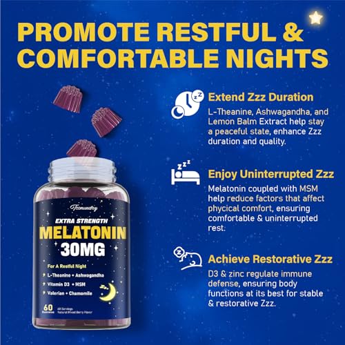 Image of Melatonin Gummies 30mg for Adults: Maximum Strength Melatonin Supplement with L-Theanine, Ashwagandha, MSM, Vitamin D3 & Zinc - Non-Habit Forming, Natural Mixed Berry Flavor 60 Count (Pack of 2)