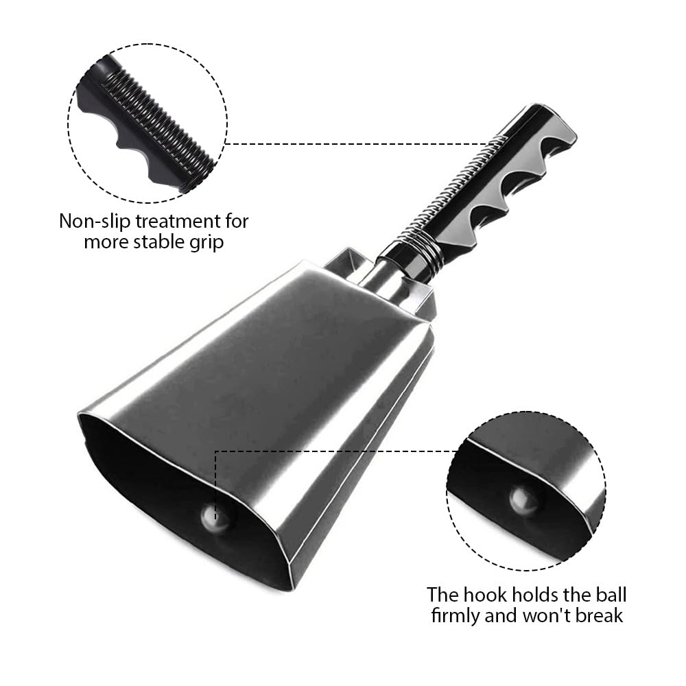 10 Inch Cowbell Noise Makers, Cow Bell with Handle for Football Games Ranch Sports Events Party Concert Cow Bells Percussion Musical Instrument Iron Decorations School Hand Bells (Black)